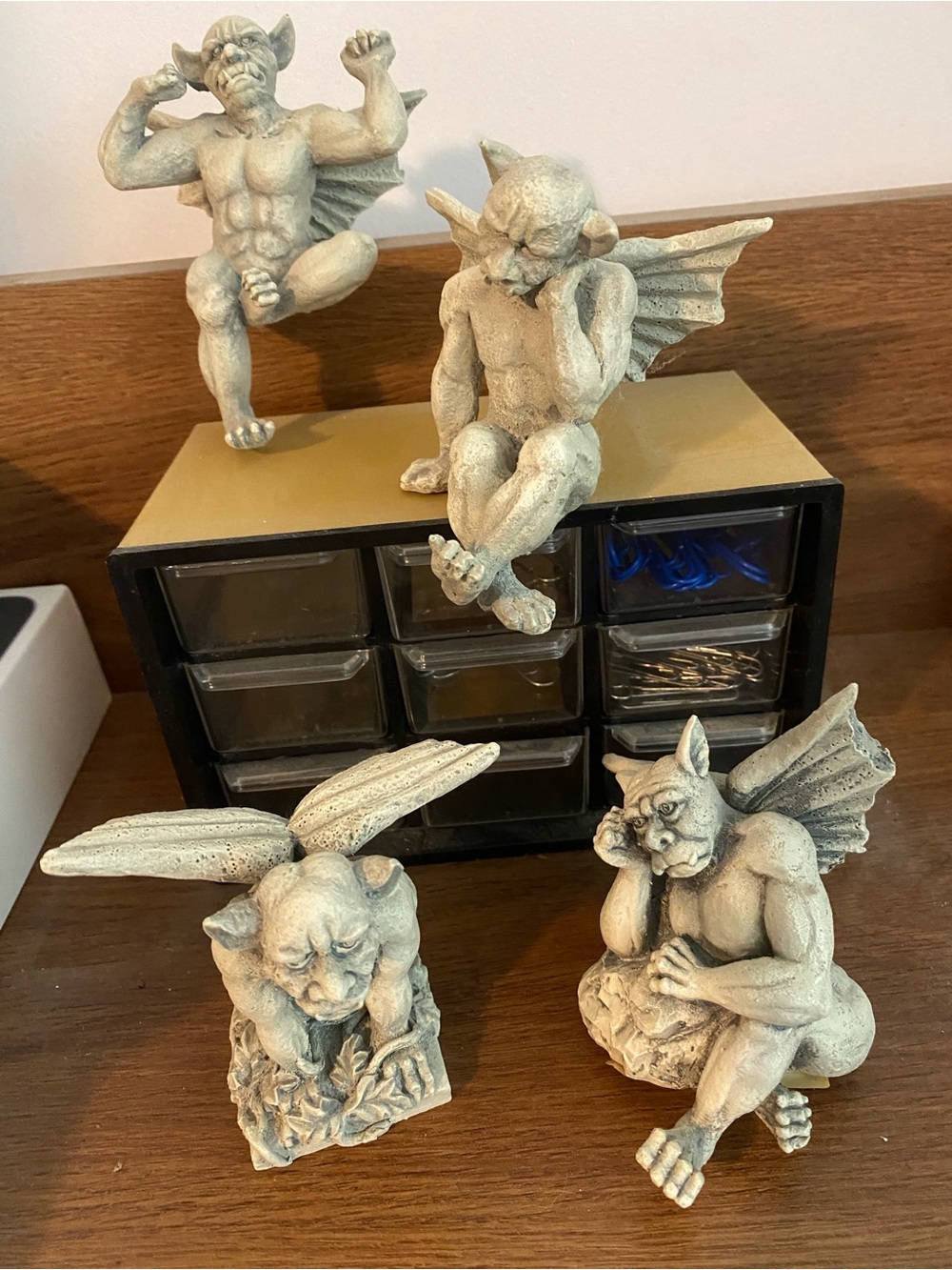 Stone-Look Gargoyle Figurine Set, Weathered Gray-Decorative Home Desk Sculpture